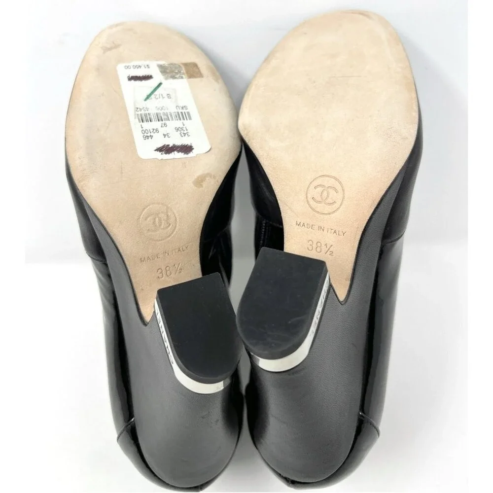 Chanel Black Patent Leather Wedge Ankle Boots Chain‎ Lace 38.5